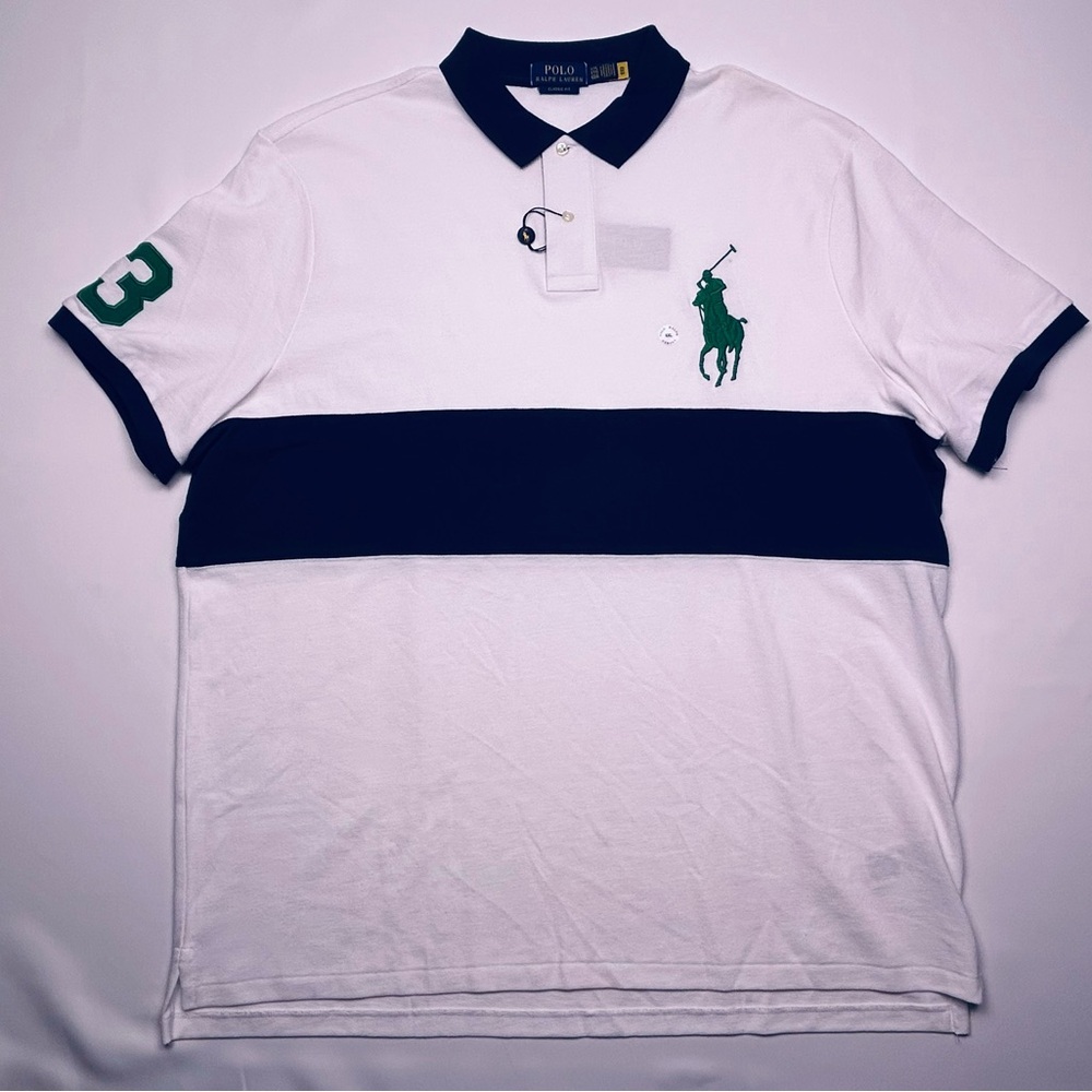 NWT Polo Ralph Lauren White Polo Navy Chest Stripe & Green BIG Pony XXL